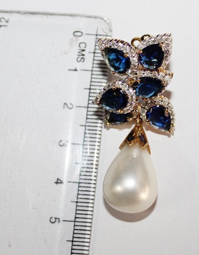 2.74ct Natural Round Diamond 14K Yellow Gold Pearl Blue Sapphire Earrings - Picture 2 of 12