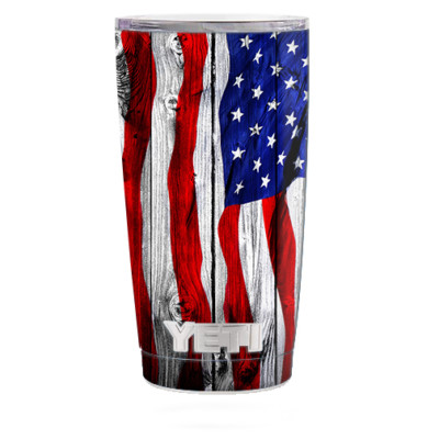 Skin Decal for Yeti 20 oz Rambler Tumbler Cup / American Flag on Wood