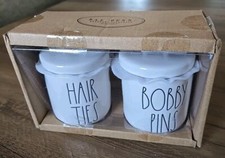 Rae Dunn by Magenta Set of 2 'HAIR TIES" "BOBBY PINS" Looped Lid Canisters NIP