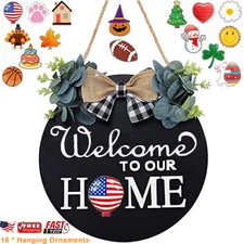 16pcs Interchangeable Seasonal Welcome Sign Front Door Decor Rustic Wood Wreath