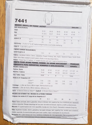 Simplicity Pattern 7441 Misses' Mens Teens Jacket or Coat XS-XL Chest 30"-48" - Picture 3 of 4