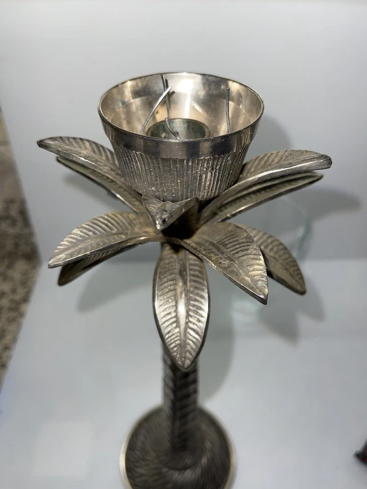 Metal Ware Tin Palm Tree Candle Holder W/ Leaves 14 1/2” Plus Globe Centerpiece Foto 2 de 4