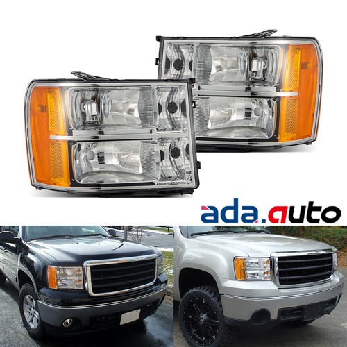 Fit 2007-2013 GMC Sierra 1500 2500HD 3500HD Chrome Headlights Replacement Pair