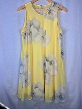 Calvin Klein Size 12 Yellow White Floral Chiffon Sleeveless Shift Dress