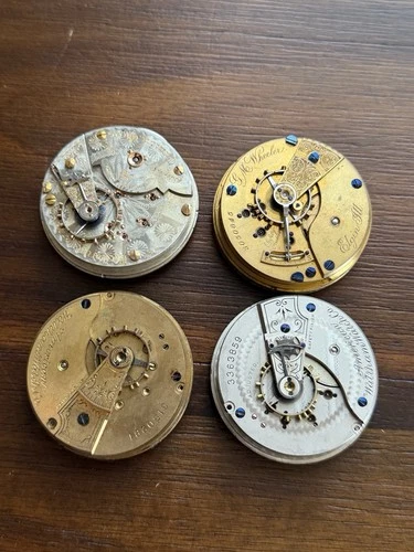 4 Antique Pocket Watch Movements Lot Hampden Railway 23j + Waltham Elgin 18s