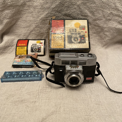 Kodak Automatic 35F Camera With Box And Sylviania Flashbulbs