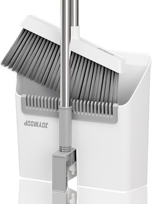 White Broom & Dustpan Set Upright Angle Design W/ Built-in Comb Teeth Kitchen