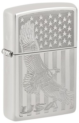 Zippo Sterling Silver Lighter: Engraved Eagle & American Flag, High Polish 81665