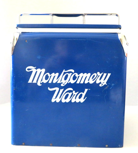 Vintage Montgomery Ward Metal Cooler – Blue with White Script Logo