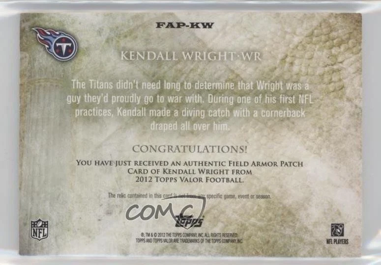 2012 Topps Valor Field Armor Patch /150 Kendall Wright #FAP-KW Rookie Patch RC - Image 2 of 2
