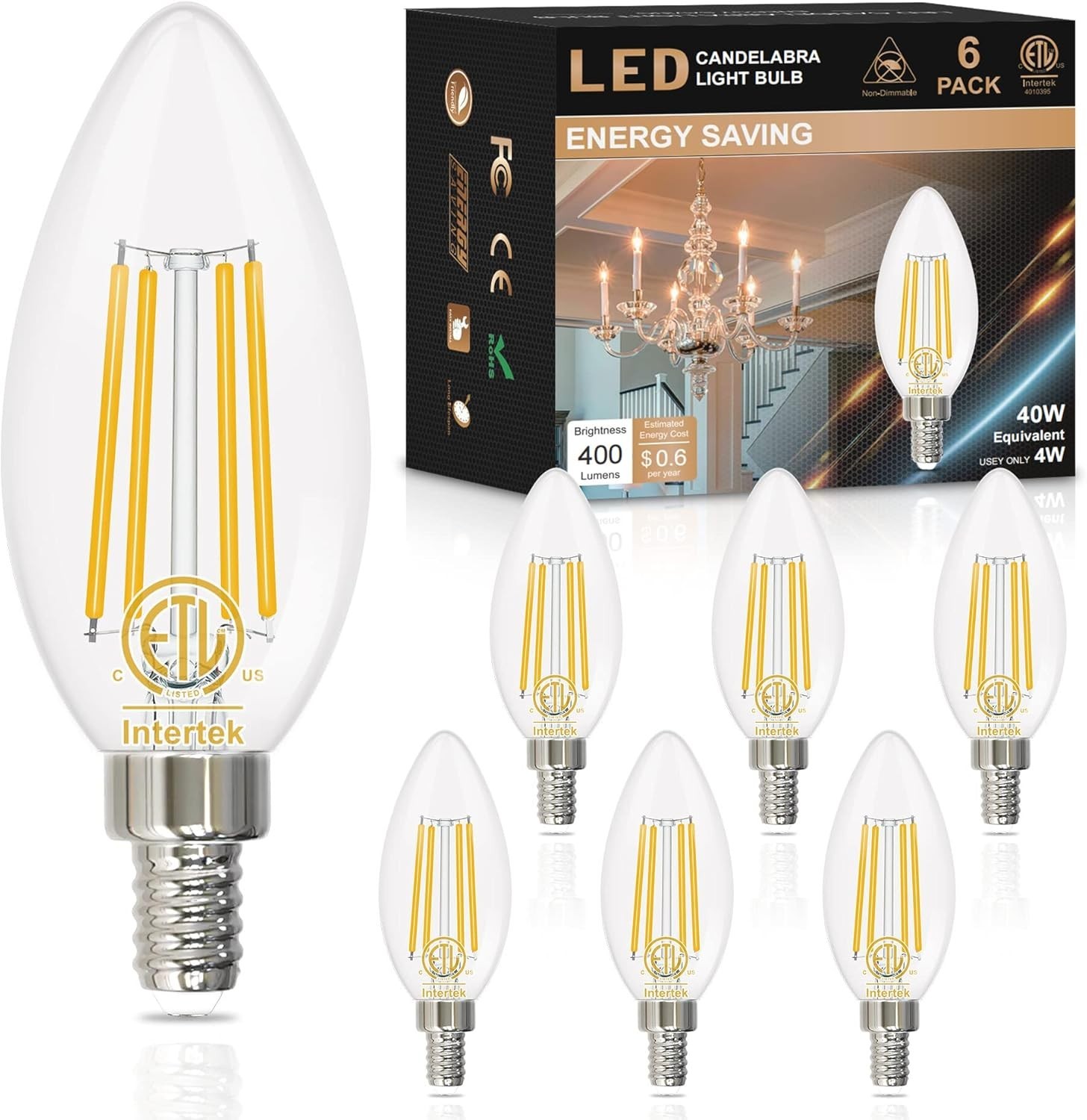 E12 LED Bulb 5000K Daylight, 4W B11 Type B Candelabra Bulbs, 6 Pack, 40W Equival