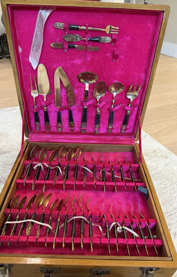 E. Thailand Jewelry Thai Bronze & Wood Engraved 78-Piece Flatware Set with Case