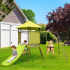 Patio Kids Swing Set Metal Backyard Playground Covered Playhouse Fort