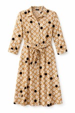 Talbots Beige Floral Polka Dot Shirt Dress Belted Knee Length 8P 3/4 Sleeve
