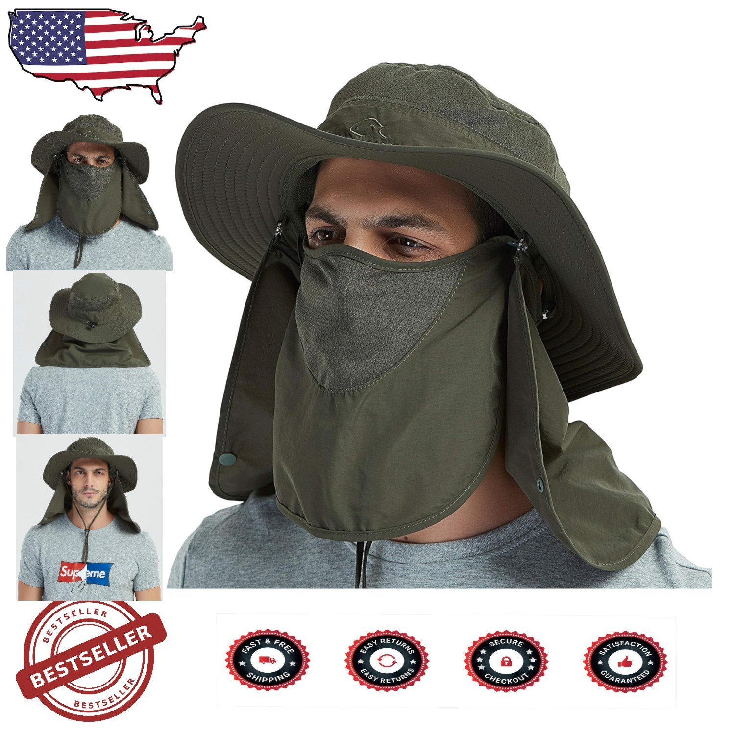 UPF 50+ Wide Brim Sun Hat with Neck Flap for Outdoor Protection