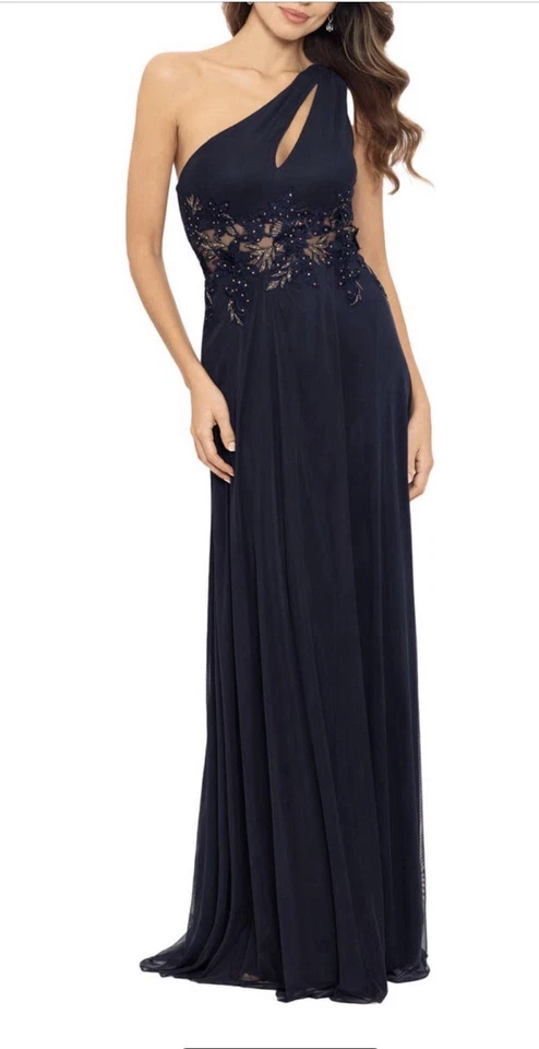 Betsy & Adam Navy One-Shoulder Lace Flower Gold Sequin Embellished Gown Size 4 - Image 3 of 4