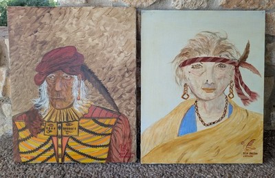 Pair (2) Vintage KEN ROGERS (Cherokee) Oil Paintings, Old Hop (Cherokee Chief)