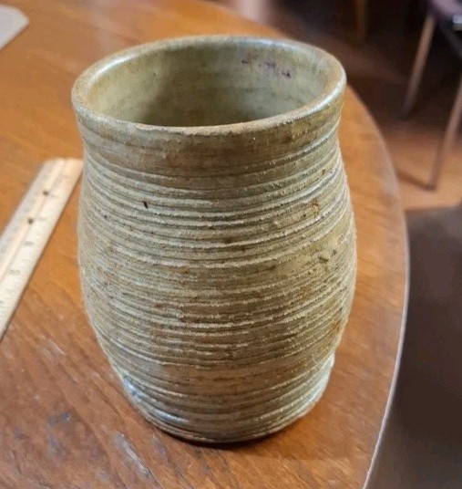 Vintage Homespun Stoneage MCM Ribbed Planter Marked Good Condition Yellow