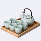 KEYDUACU Japanese Tea Set: 27oz Teapot, 6 Cups, Tea Tray - Light Green Ceramic