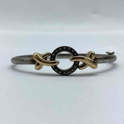 Ann King Sterling Silver 14K Gold Diamond X Motif Bangle Bracelet 7.5''