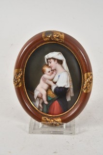 O13R11 Porcelain Picture Italian Woman with Child in Oval Frame B. Mayr