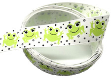 3 yards 7/8" Smiling Girl and Boy Frogs on White Grosgrain Ribbon 100 polyester