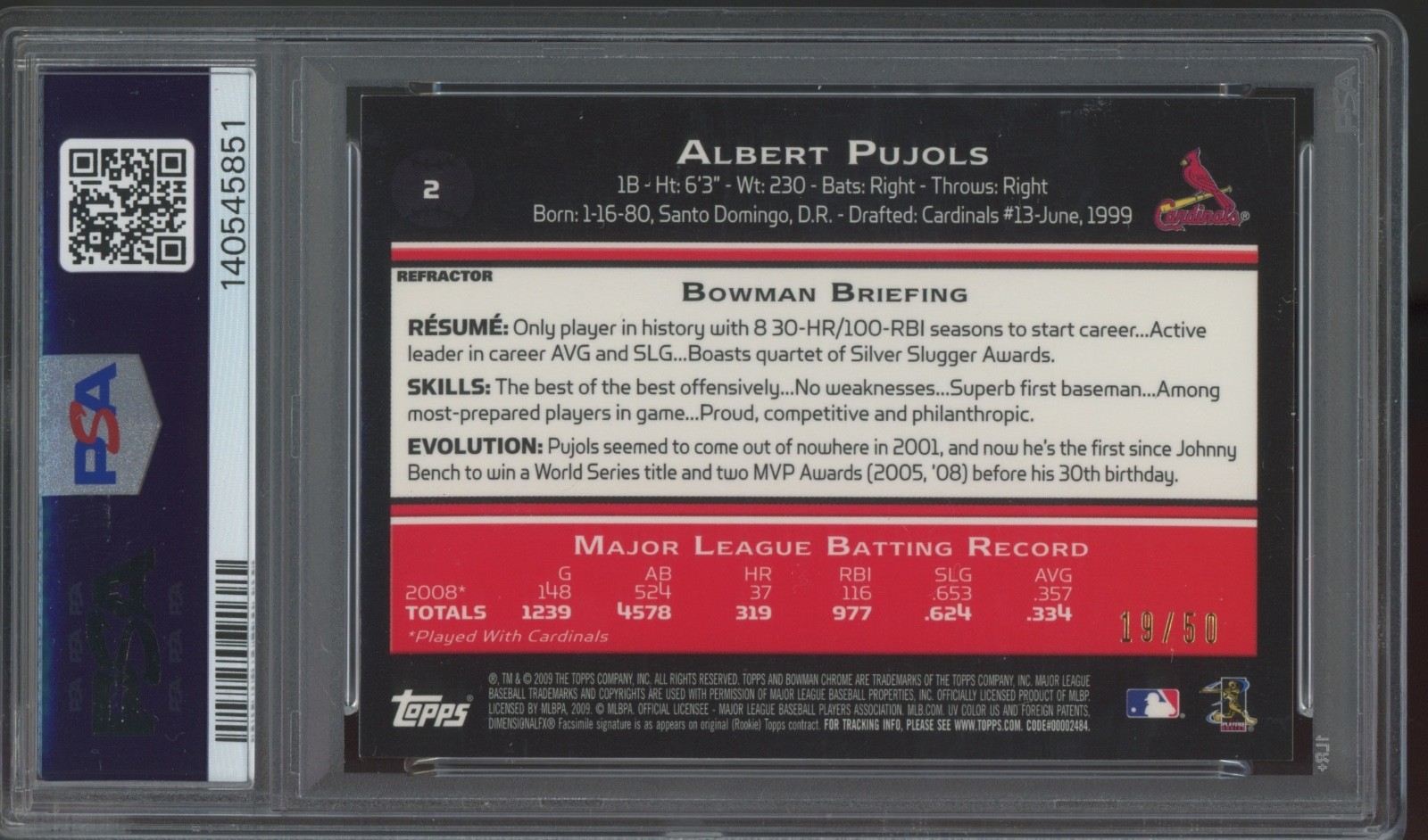 2009 Bowman Chrome Gold Refractor #2 Albert Pujols /50 Mint PSA 9 view 2