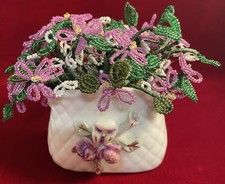 Vintage French Purple White Glass Seed Bead Handmade Flowers In Porcelain Basket
