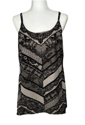 CAbi Cami Long Top Micro Mini Black SM Monaco Lace Print Spaghetti Strap Y2K