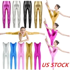 Girls Metallic Shiny Gymnastics Bodysuit Leotards Dance Pants Legging Dancewear