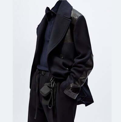 Men's ZARA STUDIO NICHOLSON Wool Leather Pea Coat MEDIUM navy blue