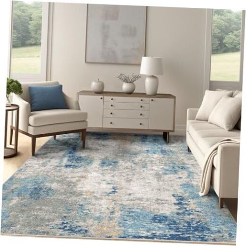 Modern Abstract Area Rug, 5x7 Washable Large Living Room 5'x7' Blue/Grey/Ivory