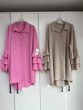 Womens Ruffle 3/4 Sleeve Button Down Shirt Dress