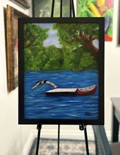 Girl Diving In Lake Painting 11 X 14”  Framed, Not A Print