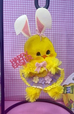 Vintage Easter chick with bunny ears decor ornament Vtg style chenille wire 