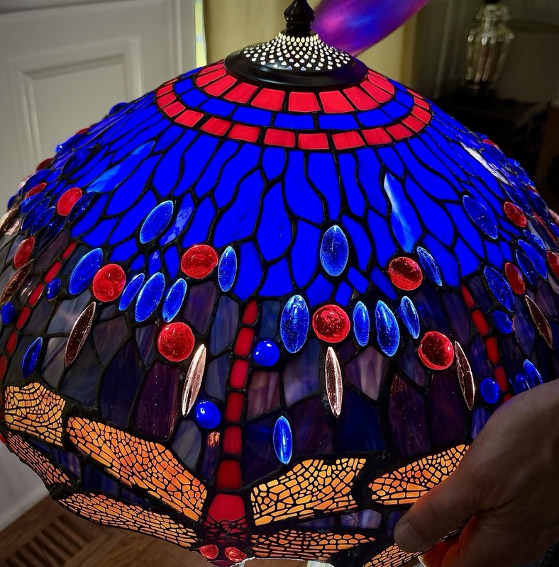 Large Tiffany Style Stained Glass Dragonfly Lampshade Blue Red