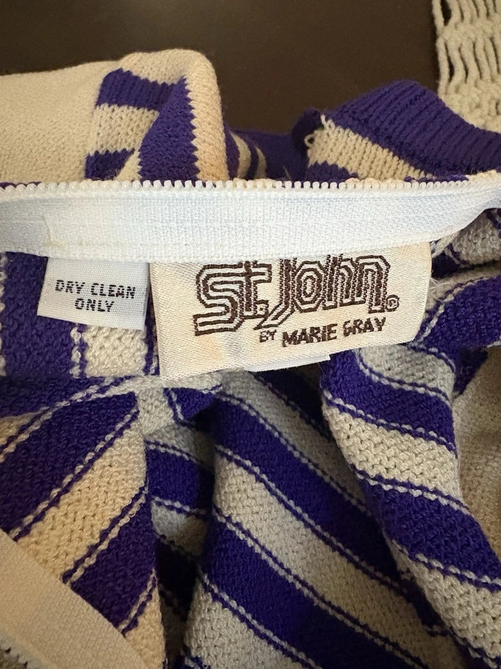 St John by Marie Gray Santana Knit Dress Sz 4purple Beige Striped Short Sleeve - Image 3 of 4