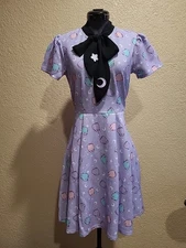 PUSHEEN X UNIQUE VINTAGE CELESTIAL CAT PRINT PURPLE DRESS WITH NECK TIE Size L
