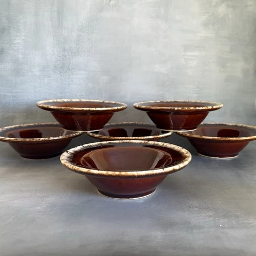 SET OF 6 VTG HULL CRESTONE POTTERY BROWN DRIP GLAZED 6" FRUIT BERRY SAUCE BOWLS