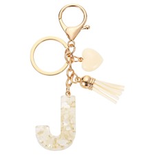 Initial Letter Keychains, Resin Cute Pendant with Heart  Tassel, White-J