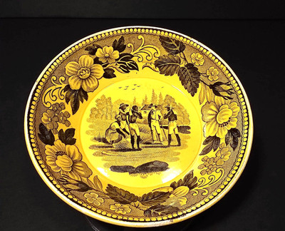 Rare Antique French Creil Yellow Canary Transferware Africans Small Faience Bowl