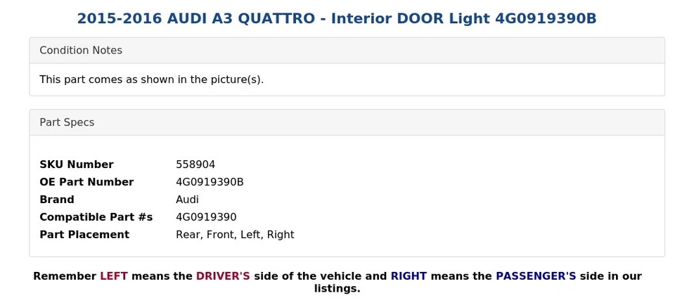 AUDI A3 QUATTRO 2015-2016 - Luz interior puerta 4G0919390B Foto 4 de 4