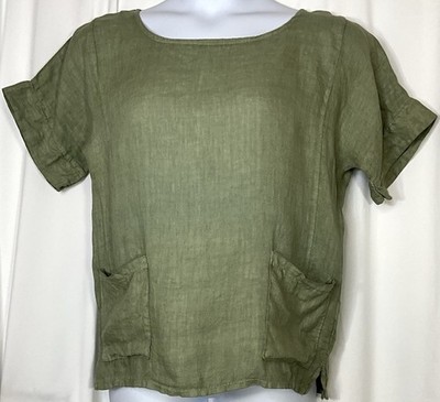 Francesca Bettini 100% Linen Top Sz L Sage Green Italy Short Slv PocketsBoxy EUC