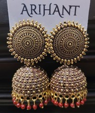 ARIHANT Indian Jhumka Dangle Drop Earrings Gold Red Brass Push Back
