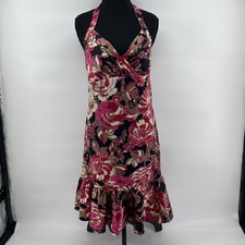 GUESS Floral Satin Halter Midi Dress Pink Black Ruffle V Neck Size 9