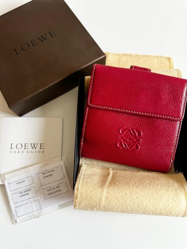 LOEWE Anagram Red Leather Double Snap Bifold Wallet Box Dust Bag 112.55.523