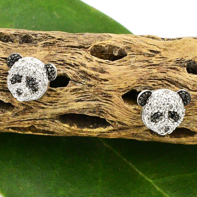 Sterling Silber 925 Sonne schwarz & weiß Diamant Panda Tier Ohrstecker/Ohrstecker
