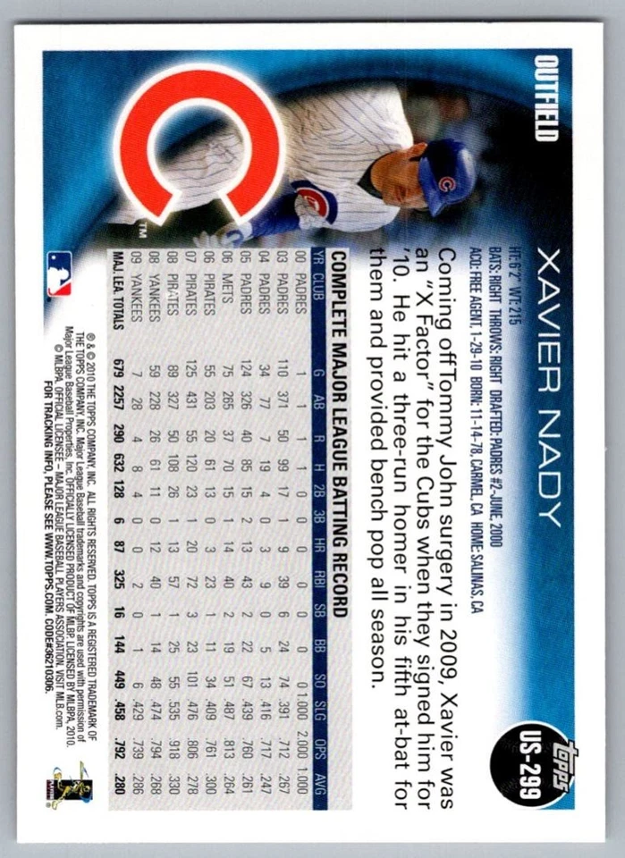 Actualización Topps 2010 Xavier Nady Chicago Cubs #US-299 Foto 2 de 2
