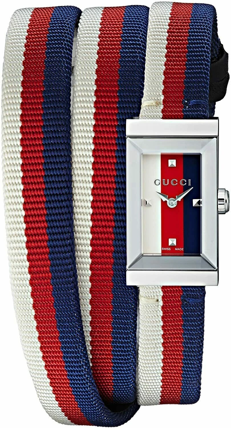 Montre femme Gucci cadre G rouge blanc cadran bleu bracelet nylon   YA147502