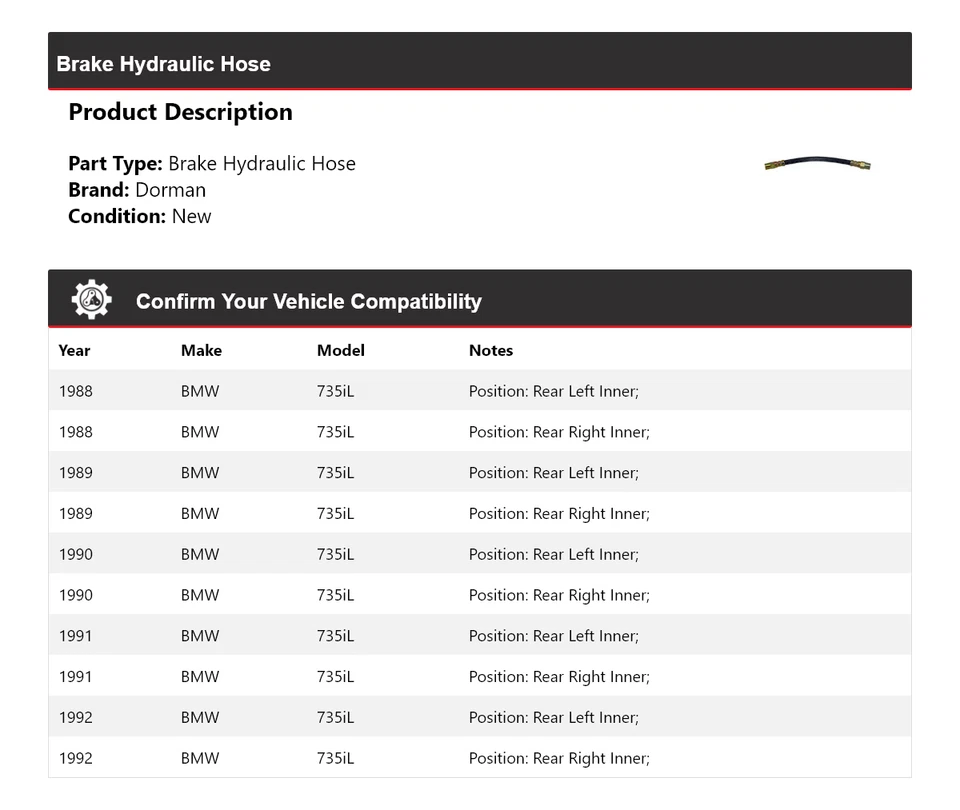 Manguera hidráulica de freno Dorman para BMW 735iL 1988-1992 1989 1990 1991 Foto 2 de 4